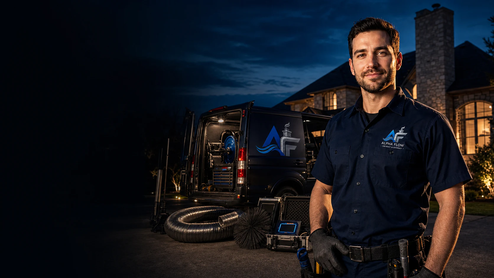 Friendly Alpha Flow technician with branded service van and professional air duct, dryer vent and chimney equipment outside a Dallas home