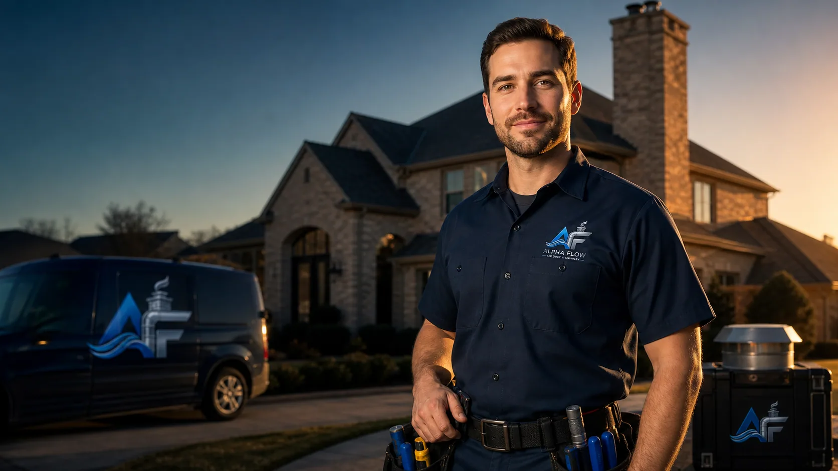 Alpha Flow technician beside branded service vehicle