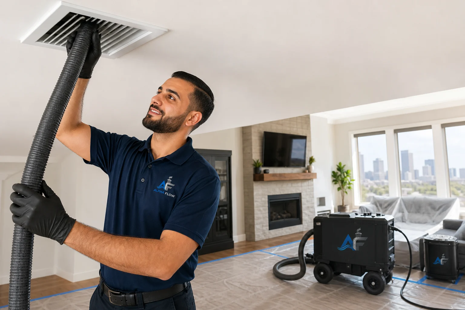 Alpha Flow technician inspecting a residential air duct system