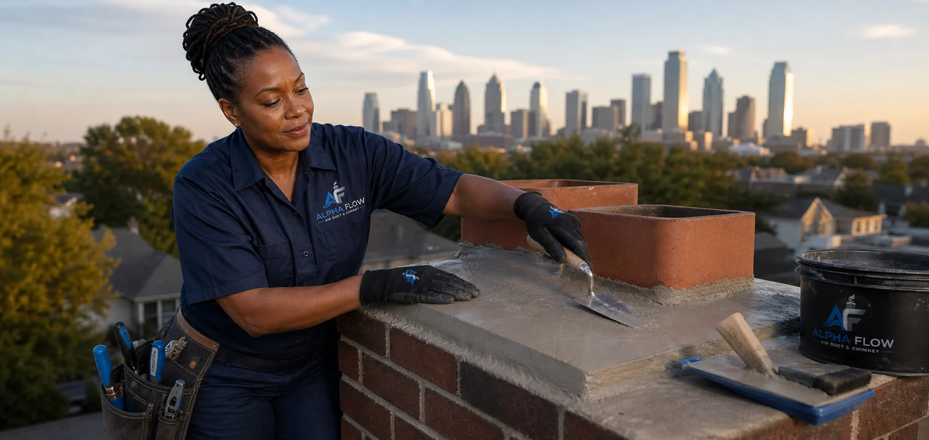 Alpha Flow technician examining a chimney crown