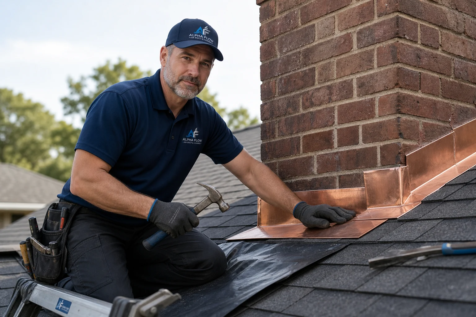 Alpha Flow technician providing chimney flashing repair service in Anna, Texas