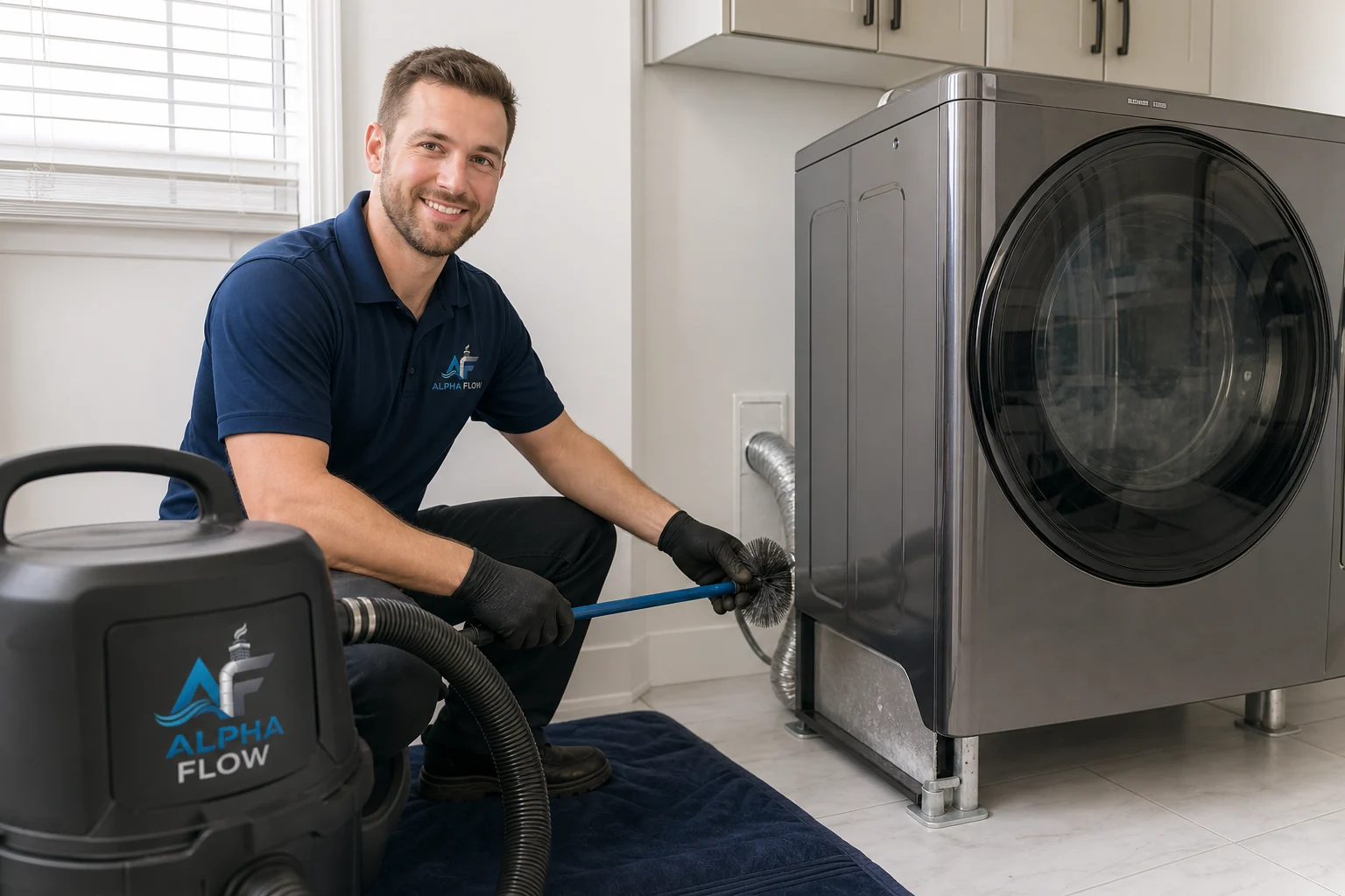 Alpha Flow technician cleaning a residential dryer vent
