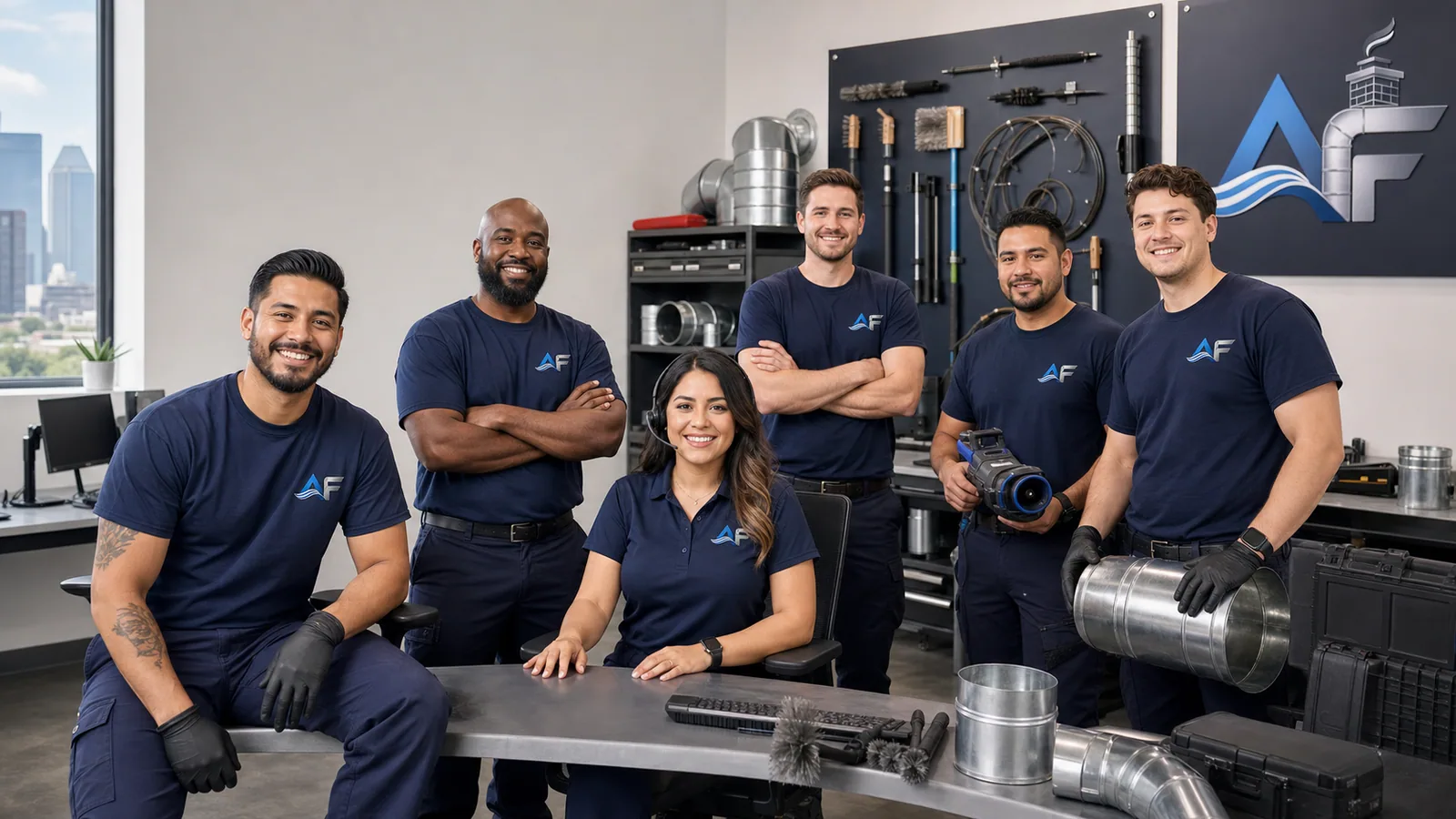 Alpha Flow technicians and customer care team in a branded Dallas workshop
