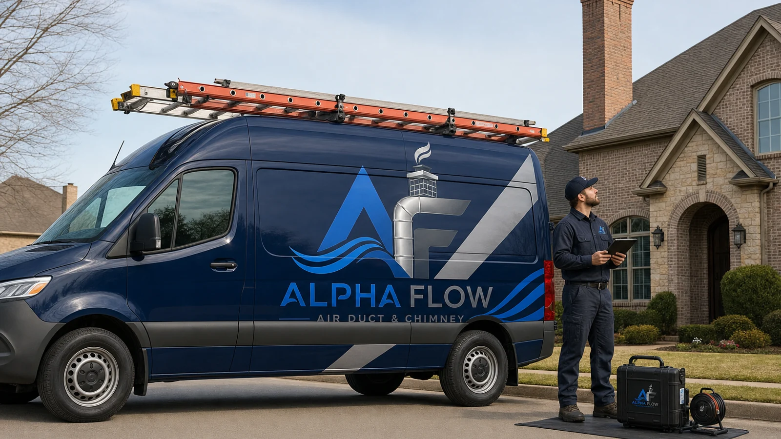 Alpha Flow branded chimney service van with ladder rack and uniformed technician