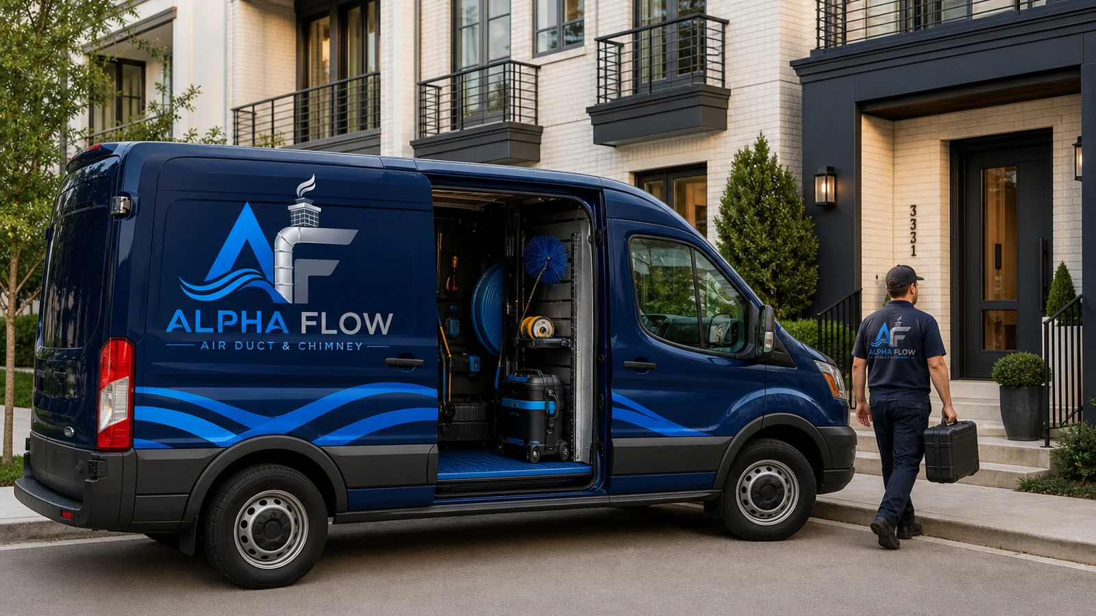 Alpha Flow branded dryer vent service van outside a Dallas townhome